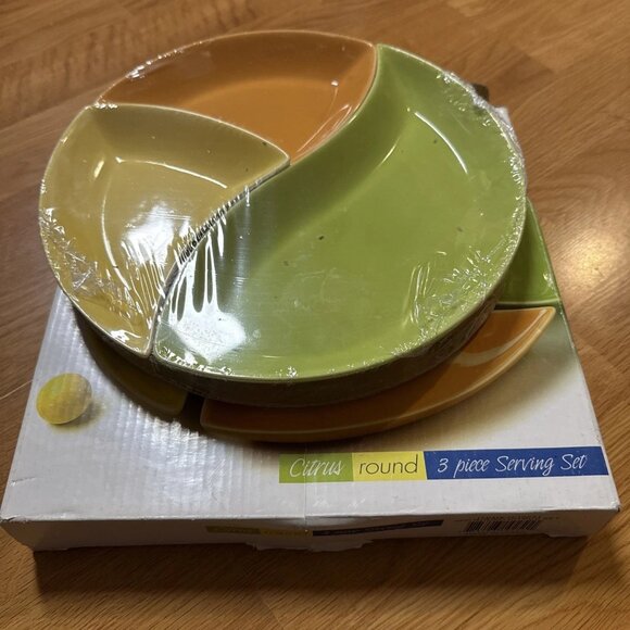 Vintage Citrus Round 3 Piece Ceramic Serving Set Green, Orange, Yellow - Picture 2 of 2